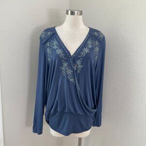Knox Rose Womens Plus XXL Blue Embroidered Long‎ Sleeve Blouse Surplice Stretch